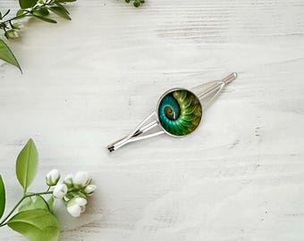 May include: A silver-toned metal hair clip featuring a circular cabochon with a vibrant, swirling nautilus shell pattern in shades of deep teal, emerald green, and golden yellow, set against a polished metallic frame.