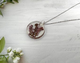 Scottish Heather Resin Pendant Necklace: Dried Flower Jewelry