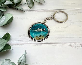 Mosaic Swimmer Keyring: Beach Landscape bag Charm, Open Water Gift