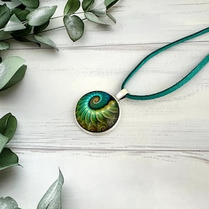 Emerald green pendant necklace with ammonite fossil detail, Necklaces for women in the UK, Cabochon jewellery, Big bold colourful necklace