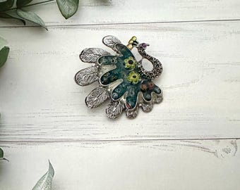 Peacock Handmade Brooch: Turquoise Glass Flower Mosaic Jewelry for women