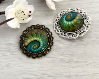 Large emerald green vintage style fossil brooch, Brooches for women in the UK, Inexpensive present, Ammonite decorative shawl pin