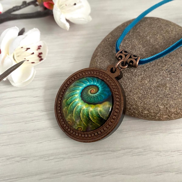 Turquoise blue pendant necklace with ammonite fossil detail, Necklaces for women in the UK, Cabochon jewellery, Vintage inspired necklace