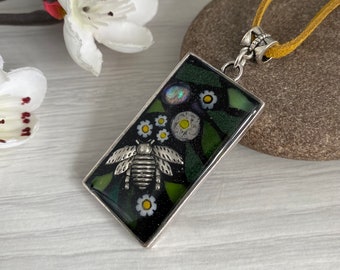 Bumble bee mosaic pendant necklace on a honeycomb yellow suede cord, Handmade in Britain, Hand cut stained glass jewellery for women in UK