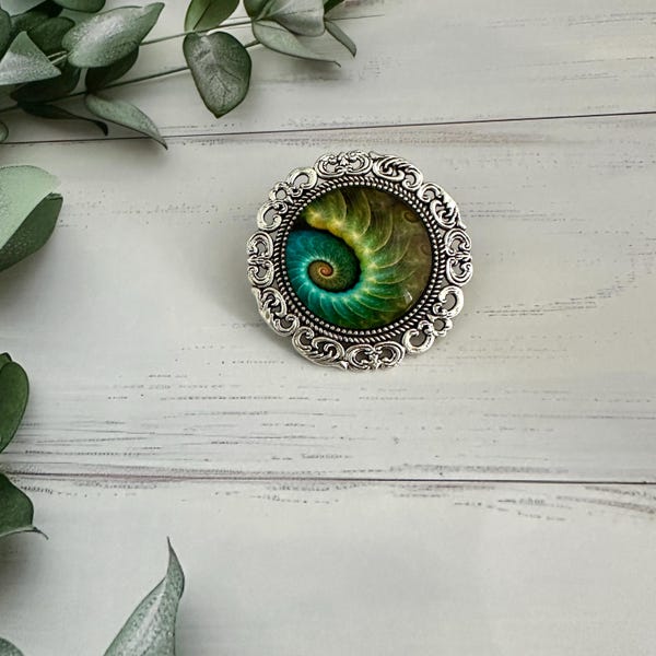 Large emerald green fossil print brooch, Vintage style ammonite brooch for women in the UK