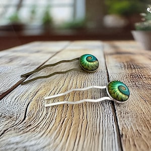 Ammonite Fossil Hair Fork: Emerald Green Bun Stick, Thick Hair Pin