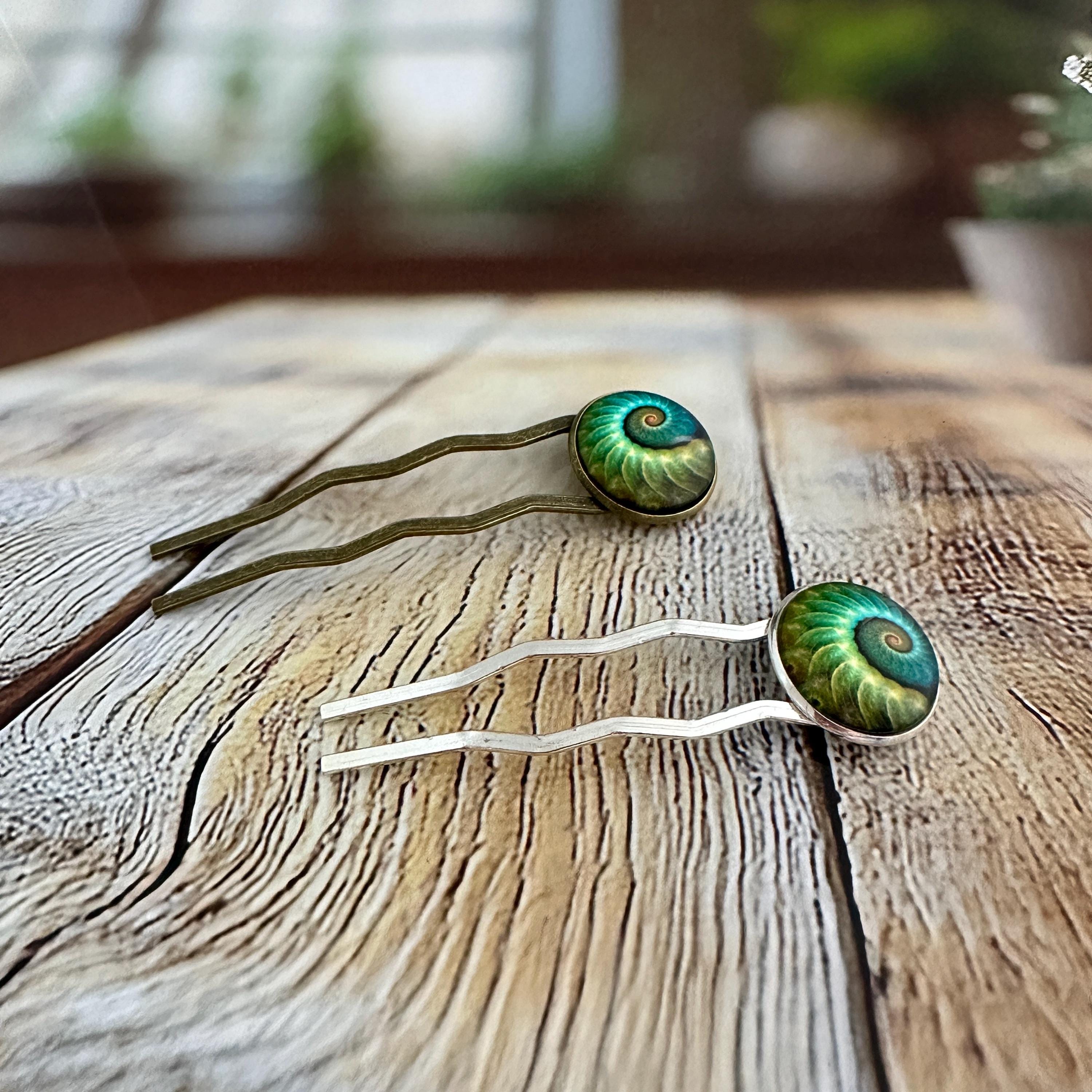 Hemimorphite Large Eclectic Silver Artisan Hair Pin, 3.9” (Mint to Sage Green) Salvia  main image 2