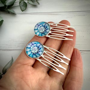 May include: Two silver hair combs with round, blue and white spiral designs. The combs have a decorative, seashell-like pattern in shades of blue and white. The combs are designed to be inserted into the hair for a decorative effect.