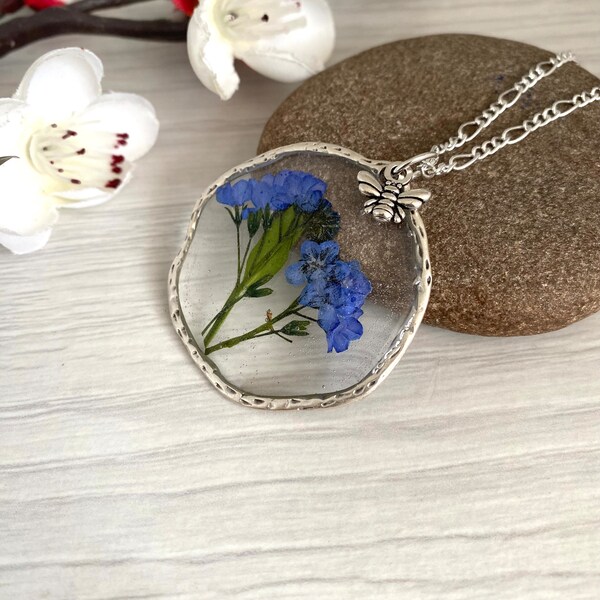 Pressed flower pendant necklace with dry Forget me not flowers handmade in the UK, Necklace for women, Bereavement or baby loss gift