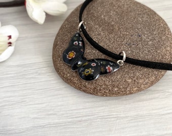 Black vegan leather choker, Handmade butterfly necklace, Present for goth, Mosaic butterfly any length easy fasten choker with glass flowers