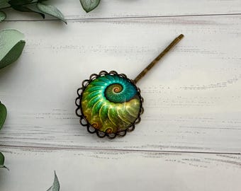 Ammonite Fossil Hair Clip: Antique Bronze Bobby Pin, Emerald Green Hair Slide