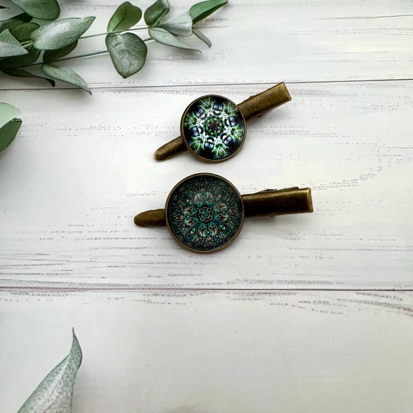 Blue Green Alligator Hair Clips: Bronze Metal Hair Slides, Set of 2