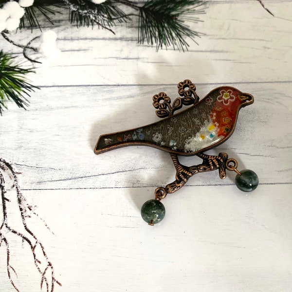 Robin mosaic handmade brooch, Christmas brooches for women in the UK, Festive Robin brooch, Christmas mosaic Jewellery handmade in Britain,