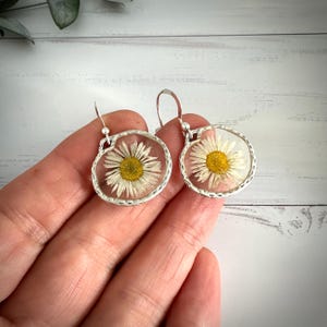 Pressed flower real daisy earrings, April birth flower jewellery.