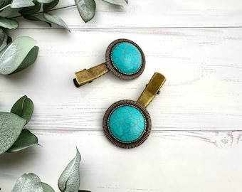 Turquoise Hair Clips: Bronze Metal Alligator Hair Slides, Boho Set