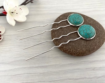 Hair forks with turquoise, Boho bun sticks, Hair accessories for women in the UK, Blue hair prongs, Gifts for women with long hair