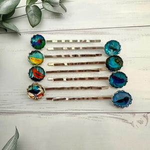 Bird picture hair grip set, Colourful mismatc hair slides for teens