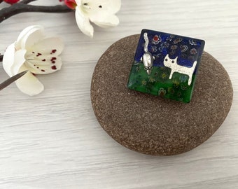 Cat and mouse handmade mosaic glass brooch, Brooches for women in the UK, Rat and cat badge, Handmade in Britain, Unique cat jewellery