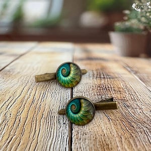 May include: Two bronze-toned hair clips. Each clip features a round, glass-covered design with a spiral pattern in shades of teal, green, and gold. The clips are set against a wooden background.