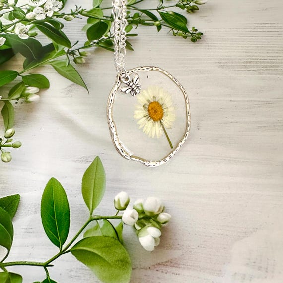 Real Daisy Necklace, Pressed Flower Pendant, Natural Flower