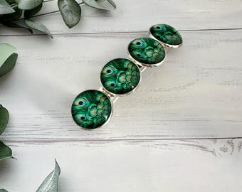 Emerald Green Peacock Feather Hair Barrette - French Style Hair Clip