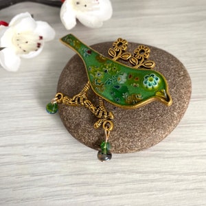 Emerald green bird brooch, Mosaic jewellery handmade in Britain, Brooches for women, Big bold brooch, Mothers day gift for mum