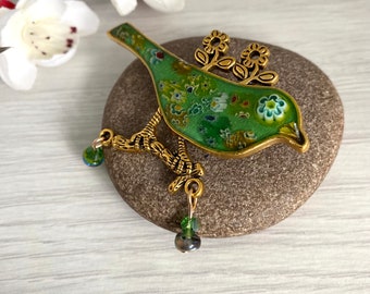 Emerald green bird brooch, Mosaic jewellery handmade in Britain, Brooches for women, Big bold brooch, Mothers day gift for mum