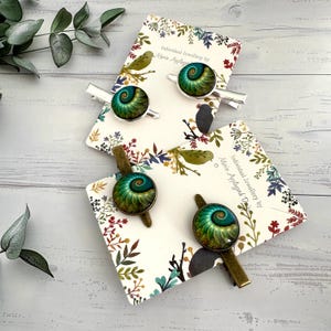 May include: Four hair clips with a green and blue spiral design, resembling a nautilus shell. The clips are on cards with floral patterns and the text "Individual Jewellery by Marie Applegard Design". The clips have silver and bronze finishes.