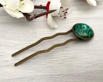 Peacock feather bun stick, Thick hair pin, Picture hair fork, Long hair accessories, Gifts for women, Emerald green two prong hair fork