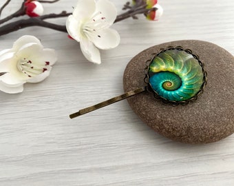 Large abstract emerald green bobby pin with ammonite fossil picture, Hair clips for women in the UK, Oversized cabochon hair grip or slide