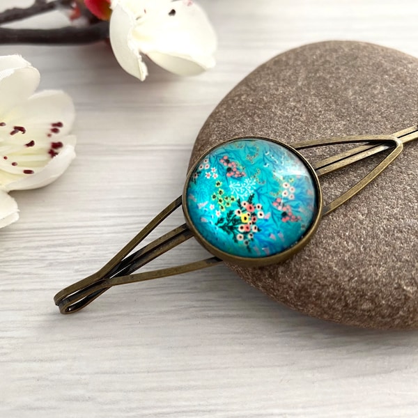Turquoise blue hair cabochon slide, Hair clips for women in the UK, Metal fringe clip, Floral accessories, Something blue, Vintage style pin