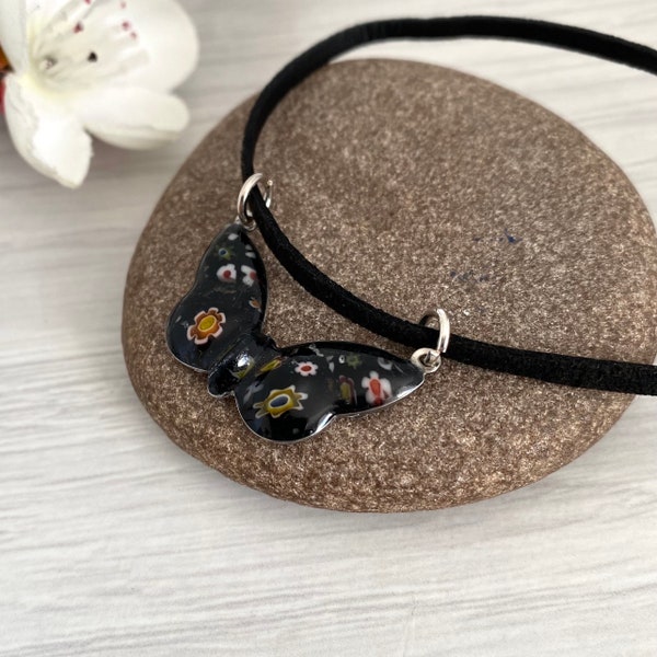 Black vegan leather choker, Handmade butterfly necklace, Present for goth, Mosaic butterfly any length easy fasten choker with glass flowers