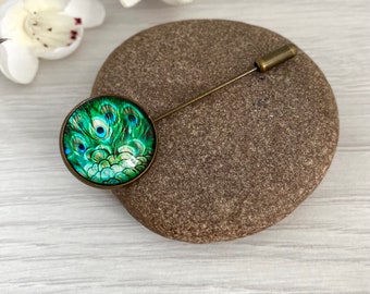 Peacock ladies hat pin, Cabochon cravat or tie pin, Brooches for women, Vintage stick pin, Gentleman's jewellery, Emerald green lapel pin