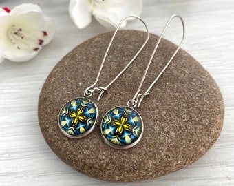 Mandala picture earrings, Small dangly earrings, Cabochon jewellery, Earrings Britain, Gift for her