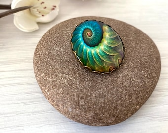 Emerald green brooch with vintage style fossil detail, Brooches for women or men in the UK, Ammonite decorative shawl or lapel pin