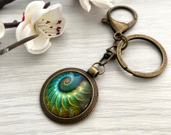 Emerald Green keyring, Fossil key chain, Emerald green bag charm, Peacock feather key holder, Vintage style key fob, Bag jewellery for women