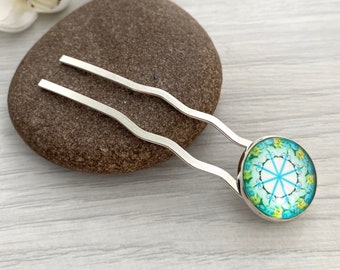Duck egg blue hair fork or hair stick, Bun pins for women in the UK, India inspired mandala bun stick, Boho hair clip for long hair