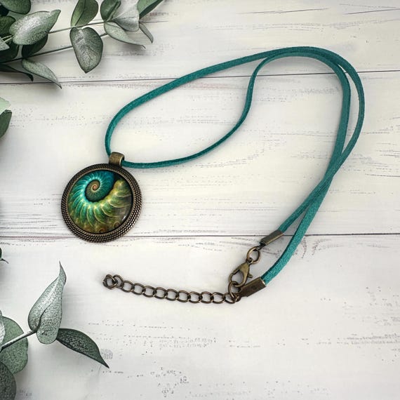 Emerald Green Ammonite Fossil Pendant : Bronze Tone Cabochon necklace