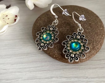 Mosaic earrings with dichroic glass, Vintage style earrings, Mosaic jewellery for women in the UK, Handmade drop earrings, Valentines Gift