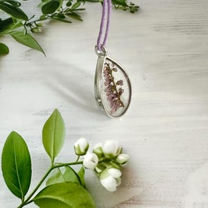 Pressed Heather Teardrop Necklace: Real Flower Resin Pendant