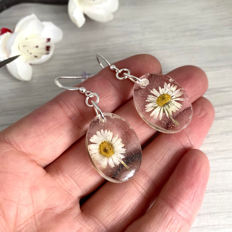 Pressed Daisy Drop Earrings, Real Flower Jewellery, April Birthday