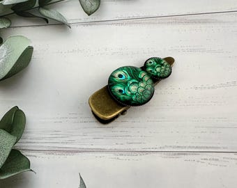 Emerald Green Peacock Feather Hair Clip: Bronze Alligator Grip
