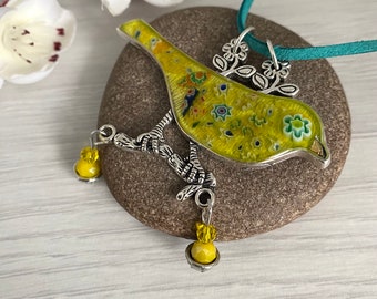 Yellow bird pendant, Mosaic necklace with millefiori glass flowers, Unique jewellery for women in the UK, Wedding anniversary gift for wife