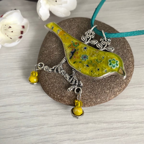 Yellow bird pendant, Mosaic necklace with millefiori glass flowers, Unique jewellery for women in the UK, Wedding anniversary gift for wife