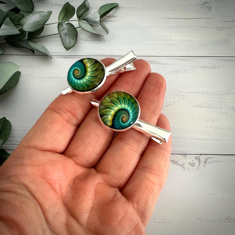 May include: Two silver hair clips with round, green and teal spiral designs. The clips are held in a hand, with a light wood background and green foliage in the upper left corner. The spiral design is reminiscent of a nautilus shell.