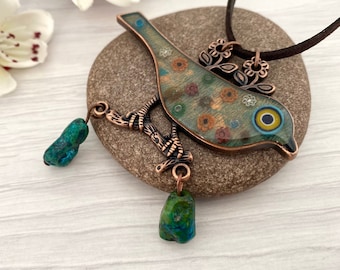 Bird mosaic pendant necklace with up cycled beads, One of a kind necklace, Mosaic jewelry for women in the UK, Statement glass necklace