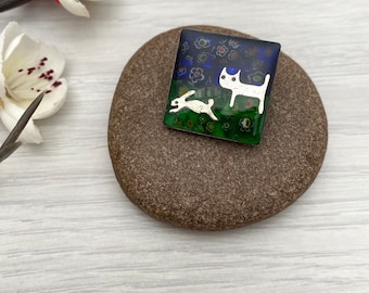 Cat and rabbit handmade mosaic glass brooch, Brooches for women in the UK, Bunny and cat badge, Handmade in Britain, Unique cat jewellery