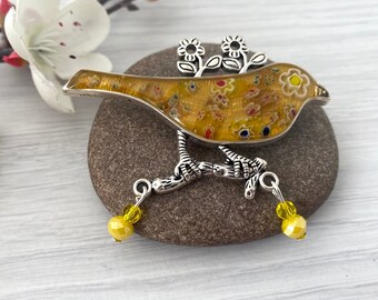 Yellow bird brooch with glass flowers, Mosaic jewellery handmade in Britain, Big bold statement brooch, Brooches for women in the UK