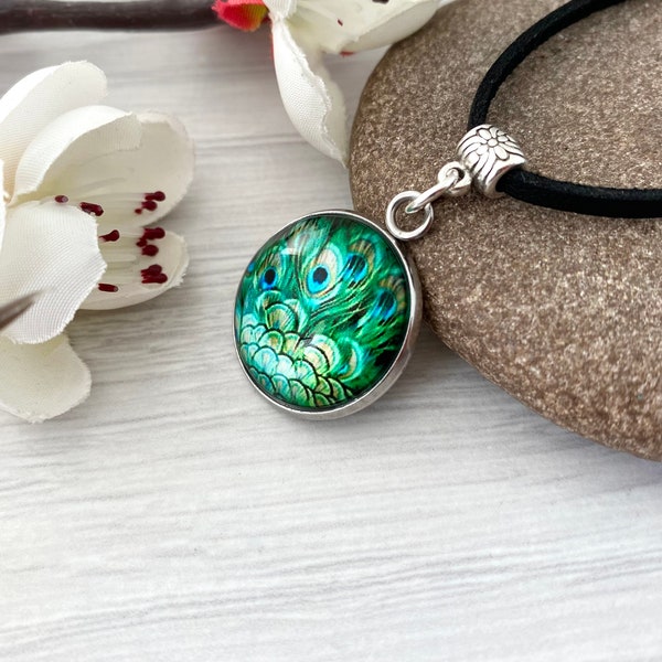 Peacock feather pendant necklace, Emerald green jewellery, Gifts for women UK, Statement necklace on black cord, Gift for vegan Britain