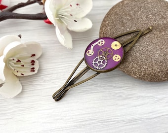 Steampunk hair accessory, Pink hair clip, Steampunk hair pin with cogs and gears, Unique hair slide, Handmade in Britain, Gifts for women UK